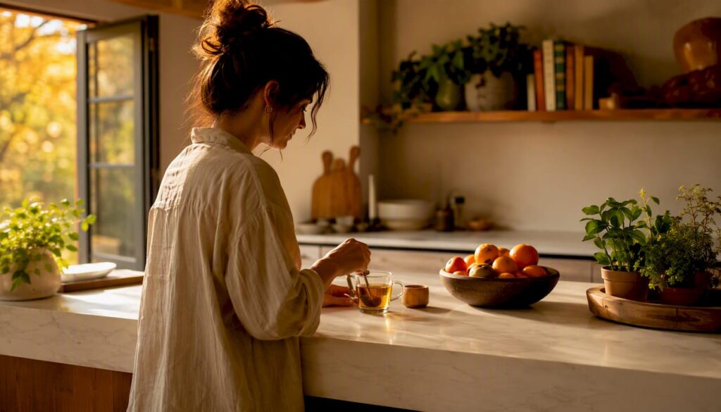 Hands pouring morning tea symbolizing habit formation