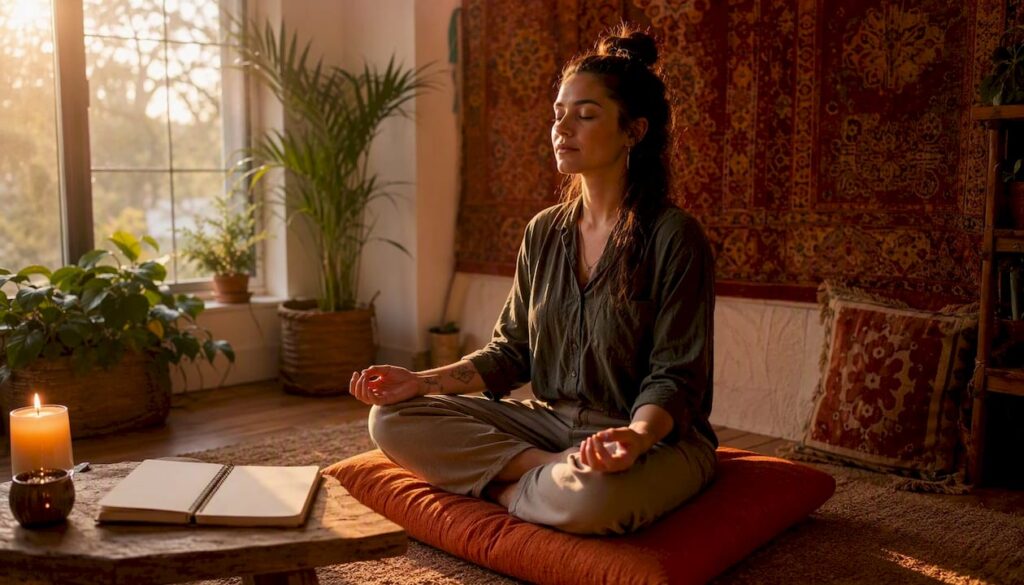 Person meditating for money mindset at home