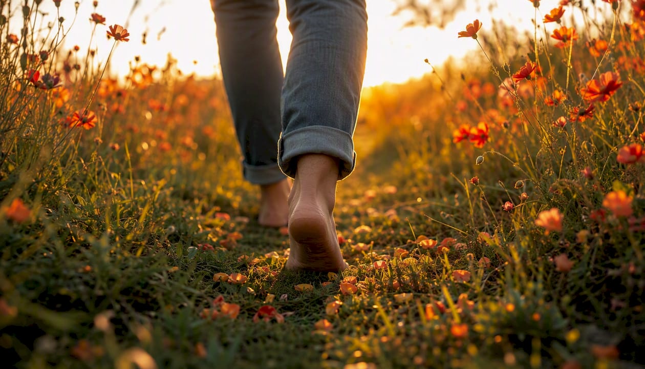 Person stepping onto sunlit forest path