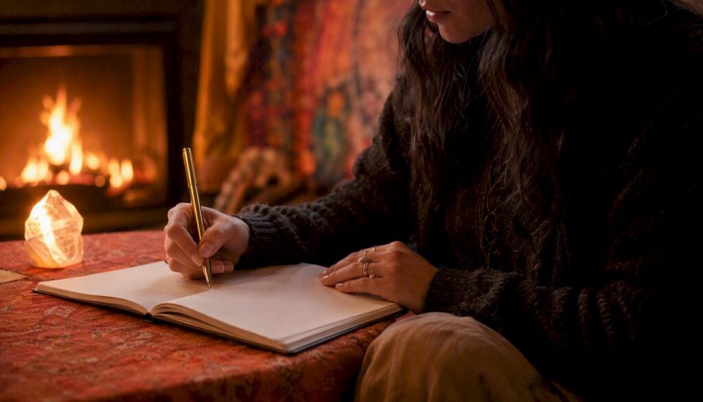 Person writing in journal with spiritual decor