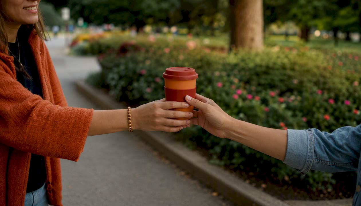 Hands giving coffee cup to stranger