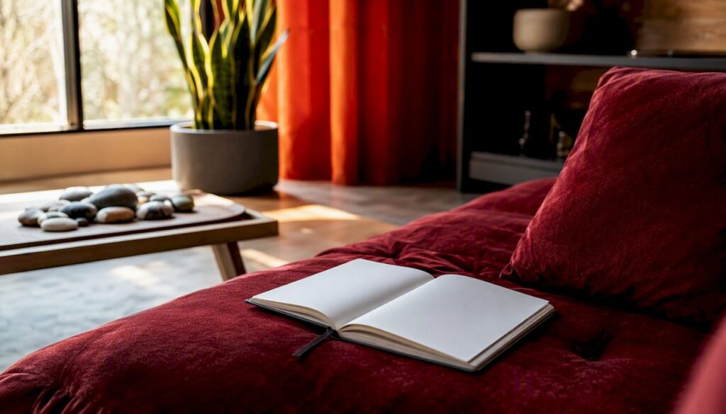 Hands placing blank journal on wooden table