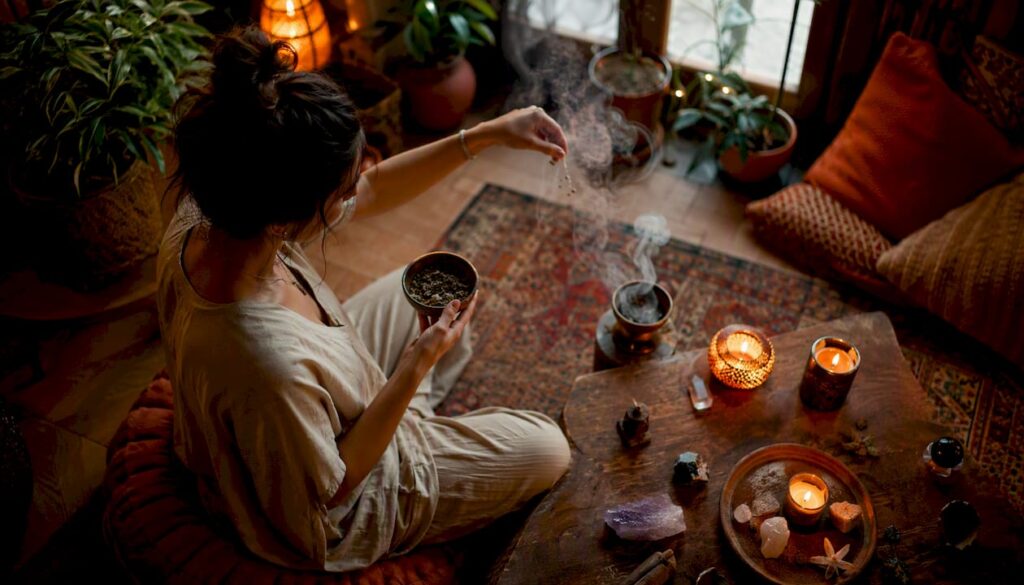 Person performing morning manifestation ritual with crystal and water