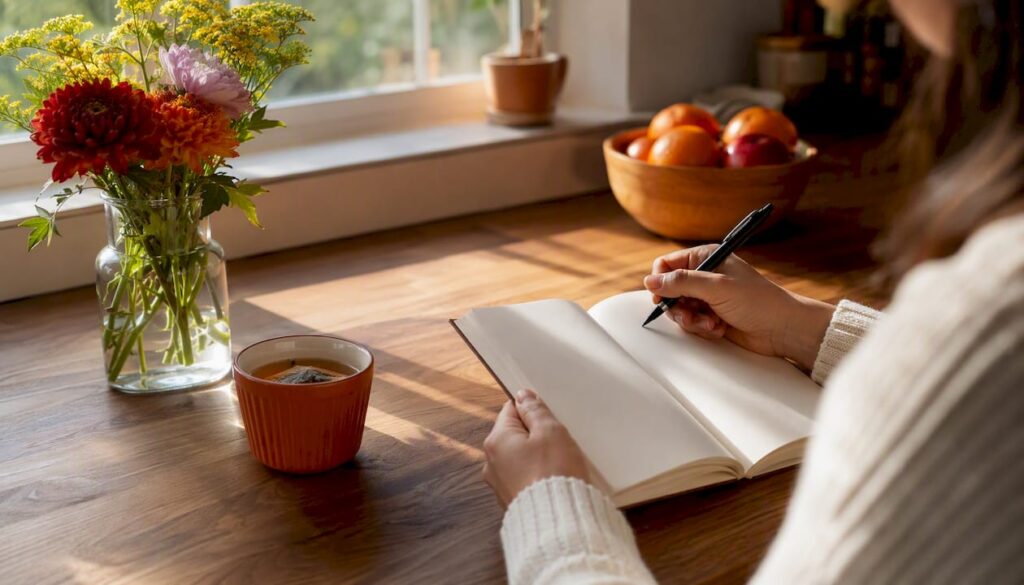 Hands holding notebook poised to write