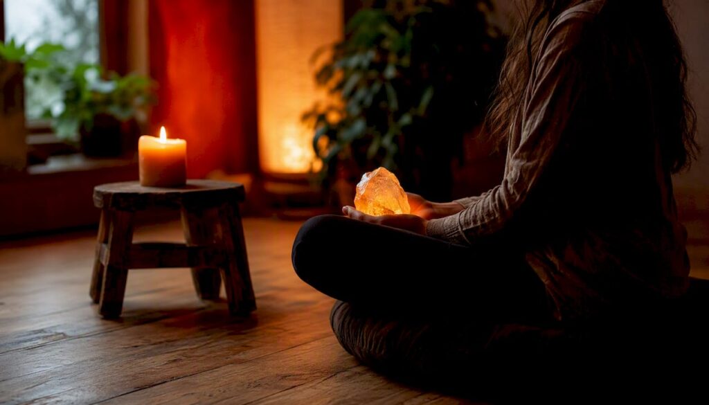 Hand holding amber crystal near candle on wood
