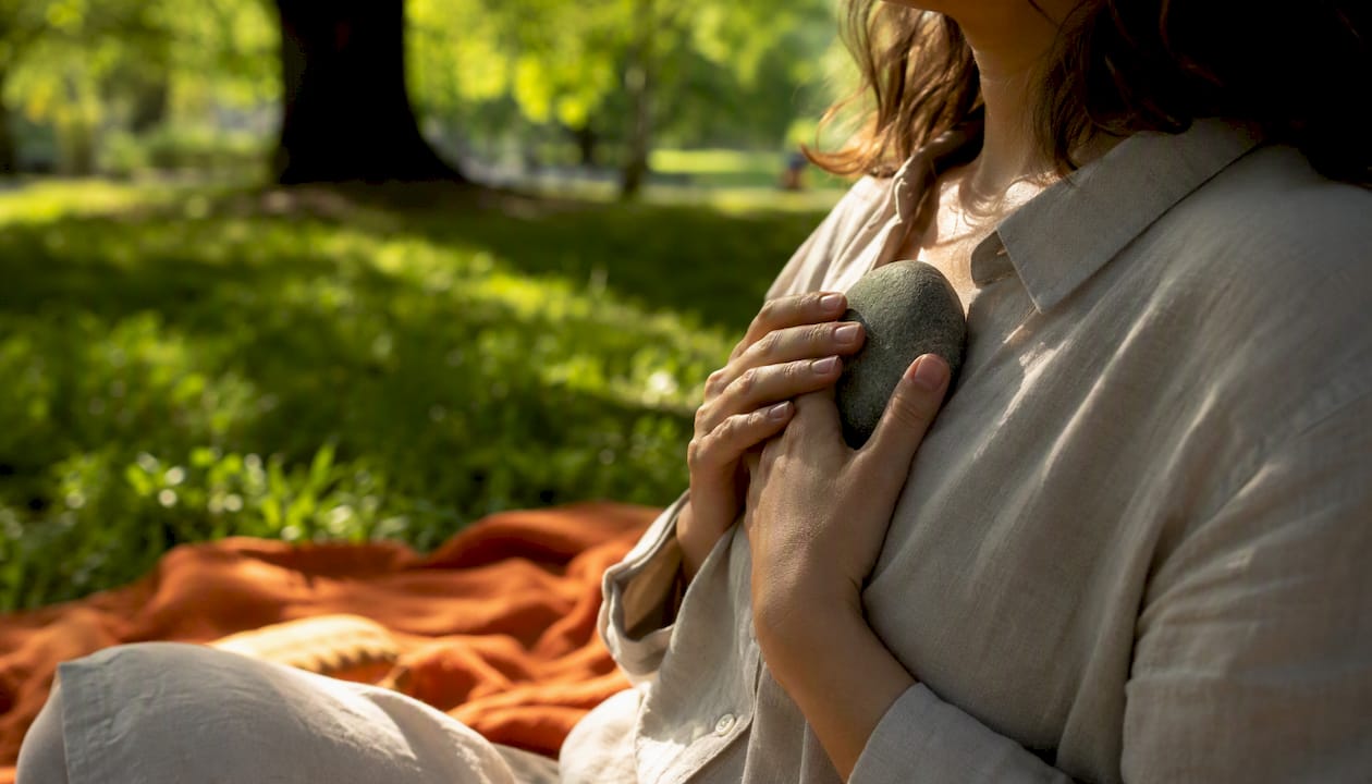 Hands holding river stone during calm breath