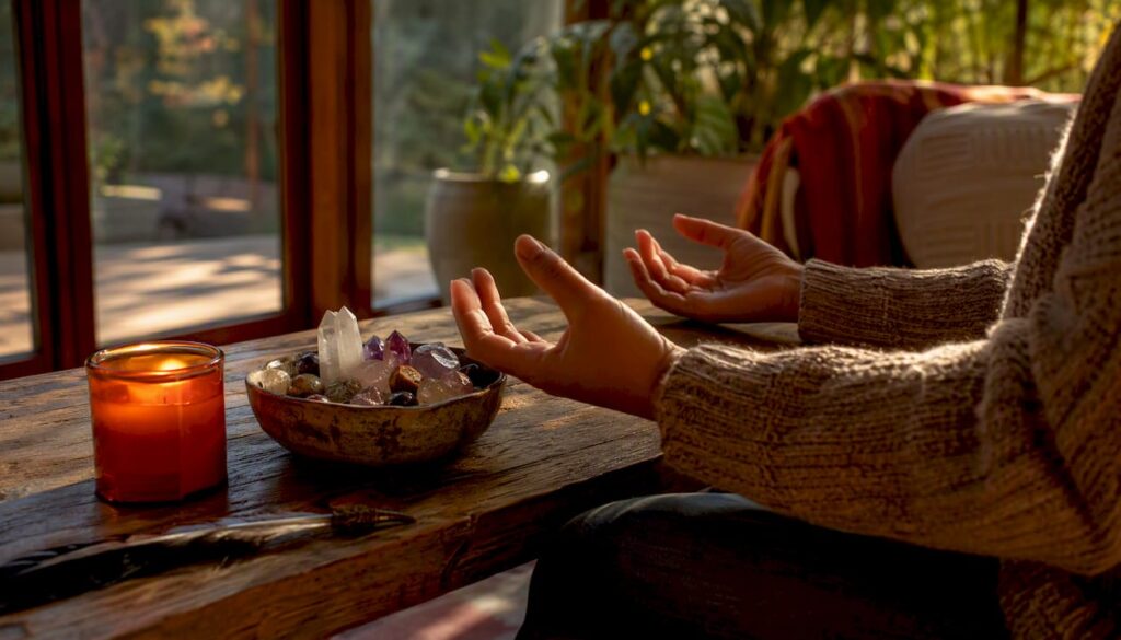 Hands in morning meditation near candle and hourglass