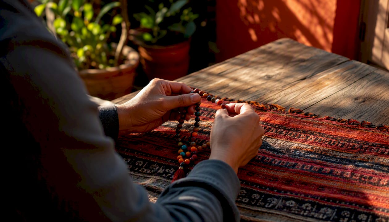 Hands moving abacus beads in warm light