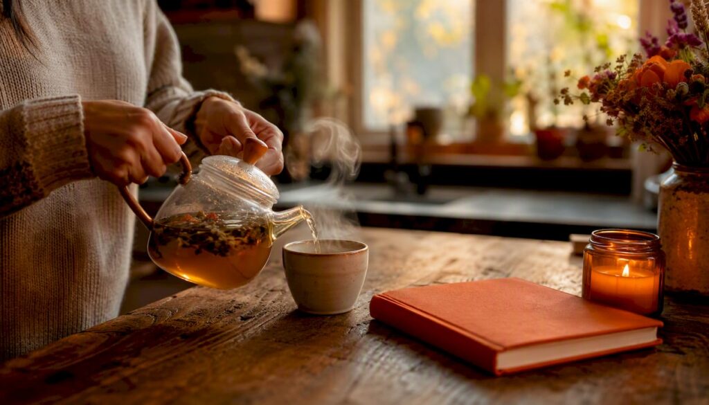 Hands pouring hot water for morning tea ritual