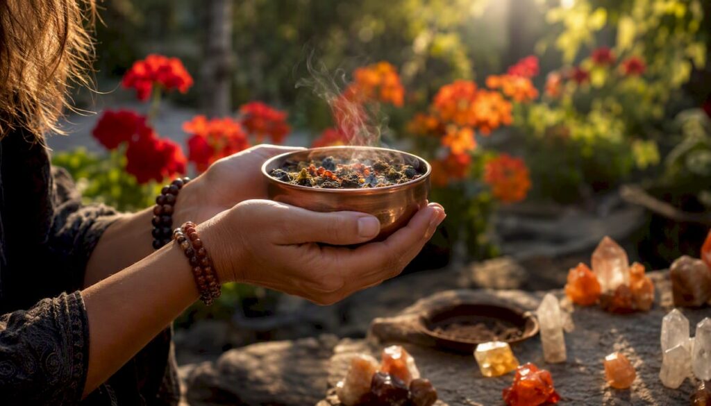 Hands holding incense bowl in Kabbalah ritual