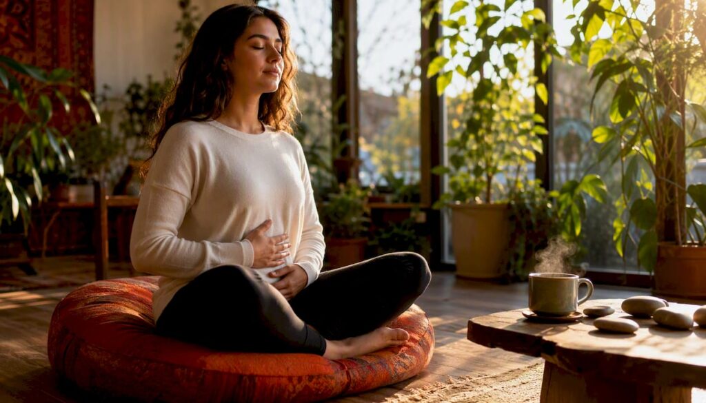 Person doing diaphragmatic breathing at home