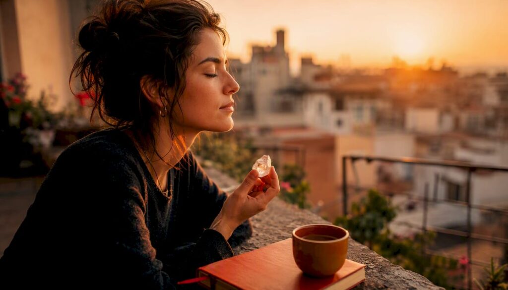 Person holding crystal in warm sunset light
