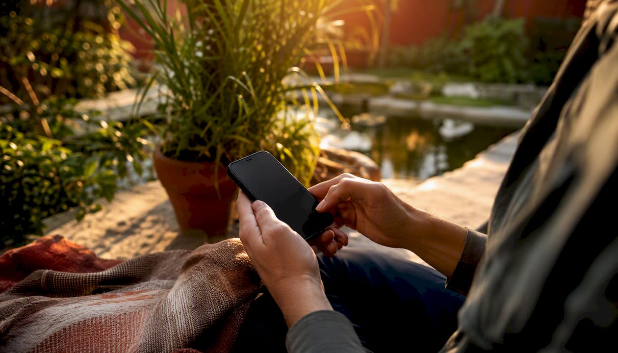 Hands holding smartphone sending message outdoors