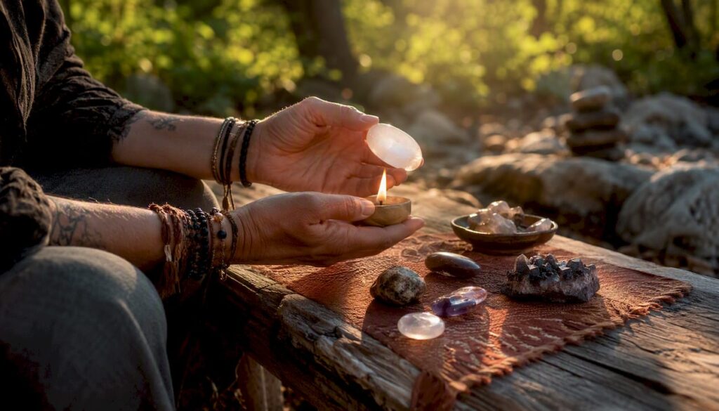 Hands lighting candle for manifestation ritual