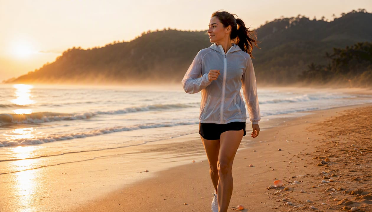 Person walking briskly at sunrise outdoors