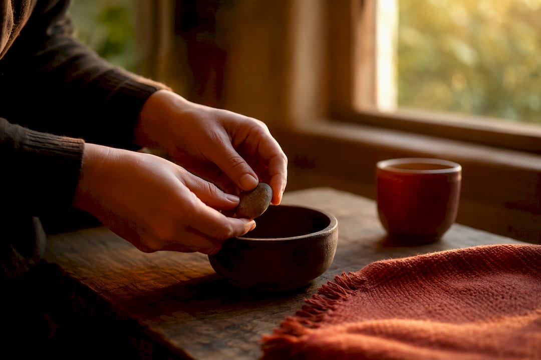 Hands placing a small glass pebble in bowl