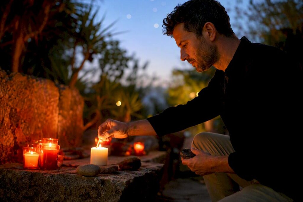 Person lighting candle and holding stone for ritual