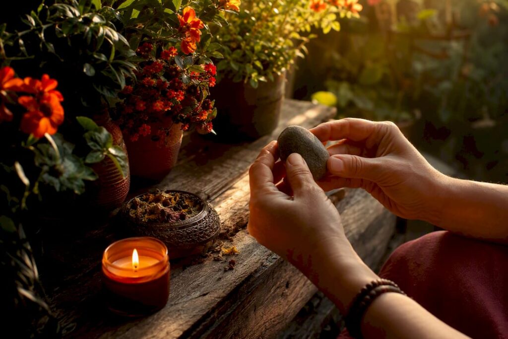 Hands holding stone and candle in meditation ritual