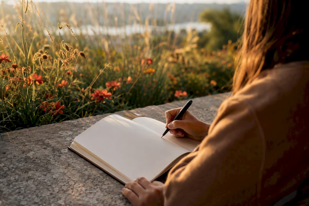 Hands poised to write in journal on desk