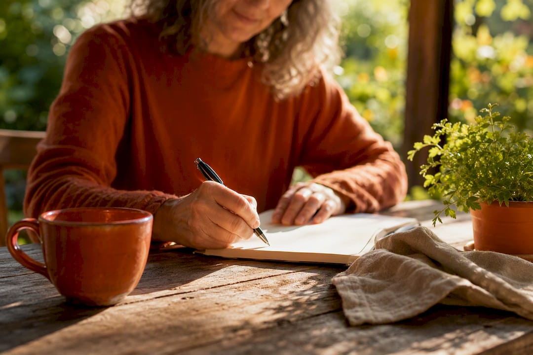 Hands writing a gratitude letter at table