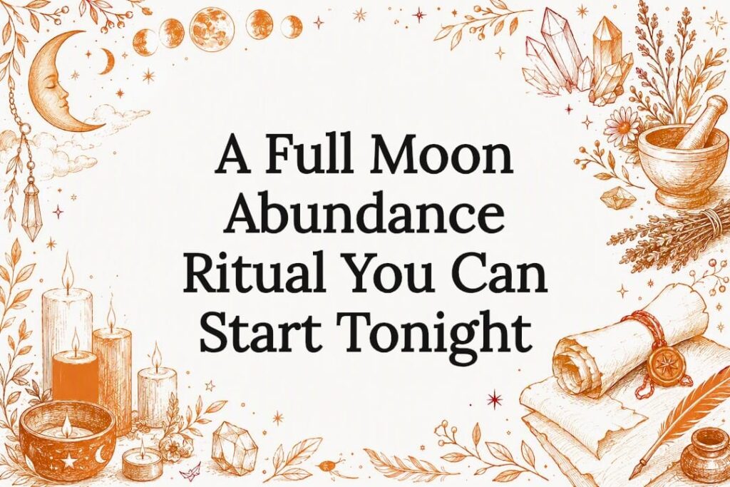 Decorative title card sketch with moon and ritual symbols