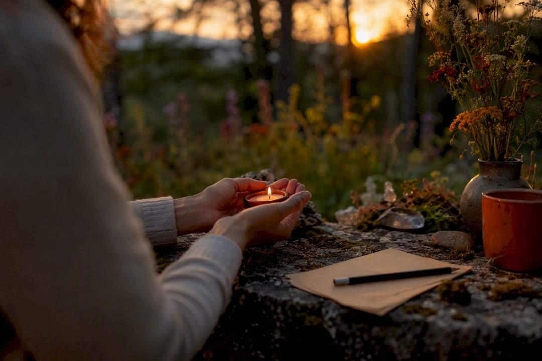 Hands holding lit candle and list of actions