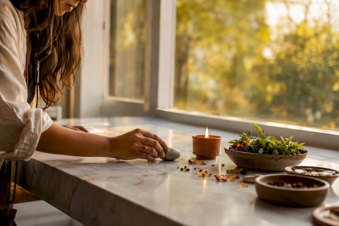 Hands arranging ritual items for self compassion