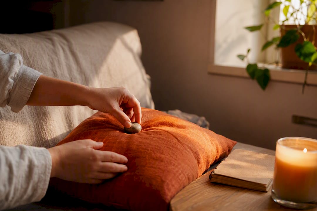 Hands placing stone in daily ritual