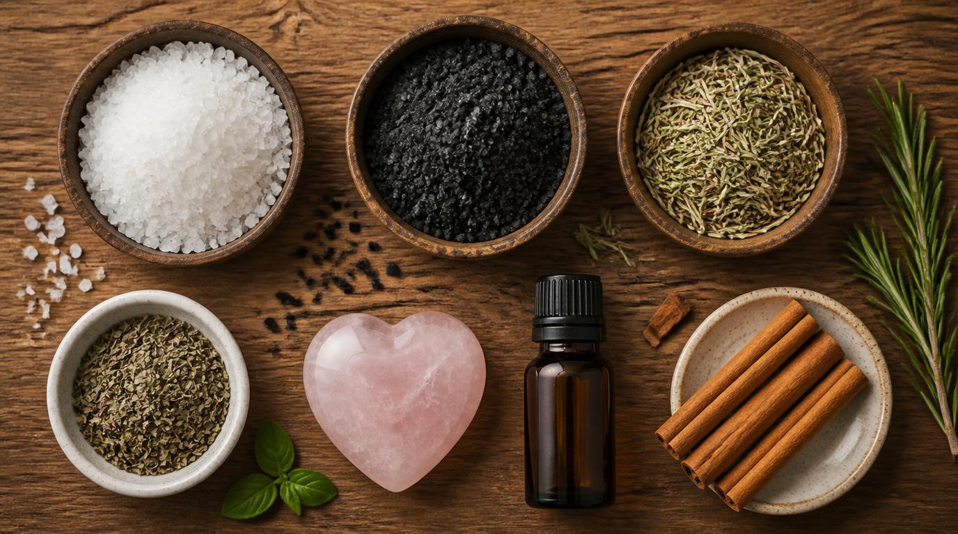 Spiritual bath ingredients including sea salt, herbs, and rose quartz