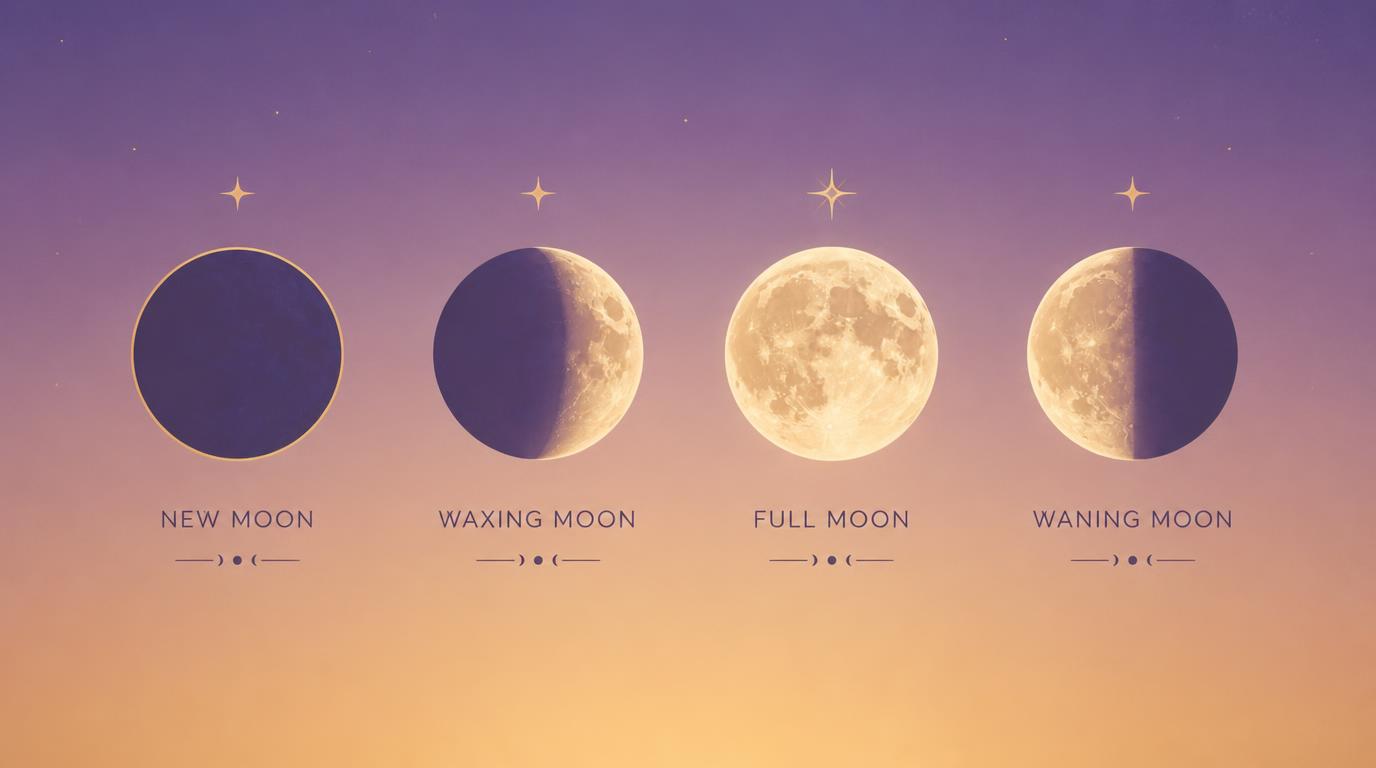 Moon phase chart for timing spiritual baths — new, waxing, full, and waning moon