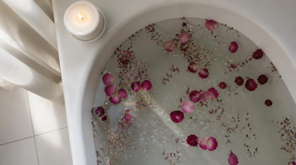 Spiritual bath with rose petals, herbs, and sea salt in warm bathwater