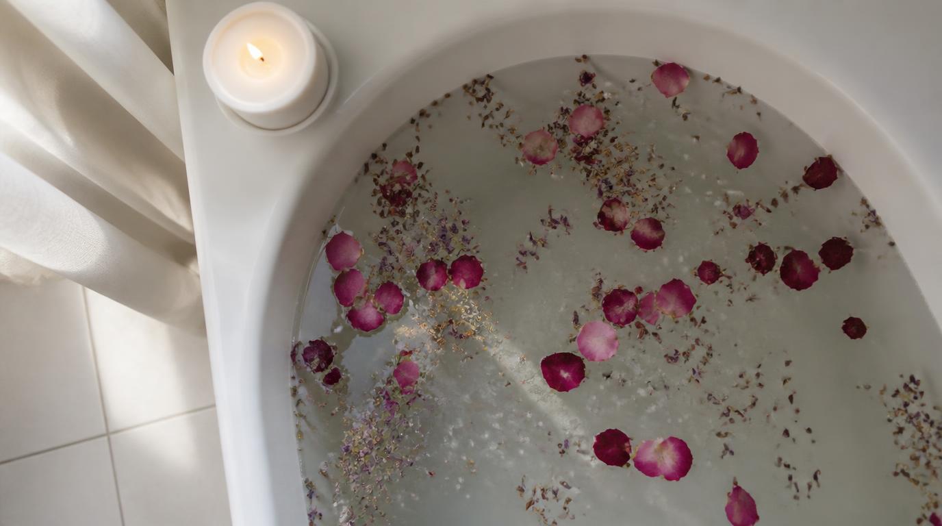 Spiritual bath with rose petals, herbs, and sea salt in warm bathwater