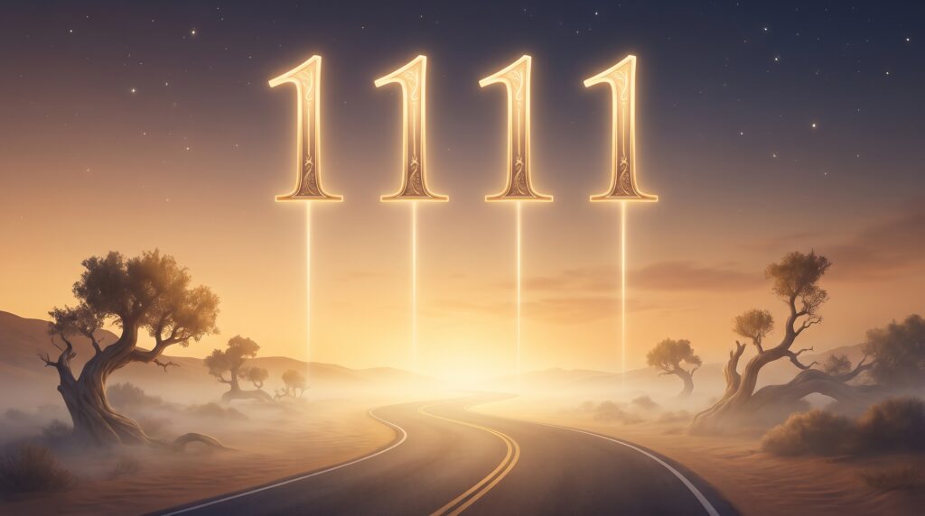 The glowing golden numerals 1111 above an open road at sunrise, the angel number 1111 meaning rendered as a mystical design of new beginnings