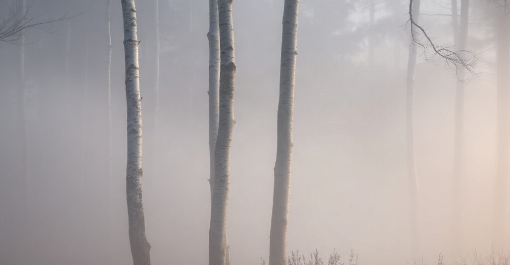 Four slender birch trunks side by side in morning mist, a calm visual for the 11:11 angel number meaning