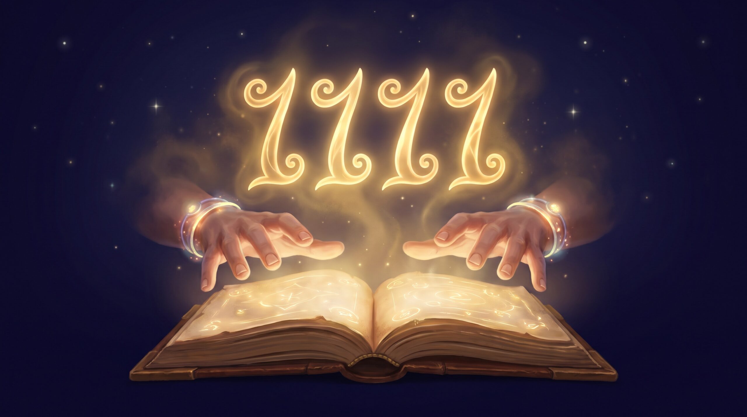 1111 Numerology and Love Meaning The glowing golden numerals 1111 above two hands almost touching, illustrating the numerology and love meaning of the 1111 angel number