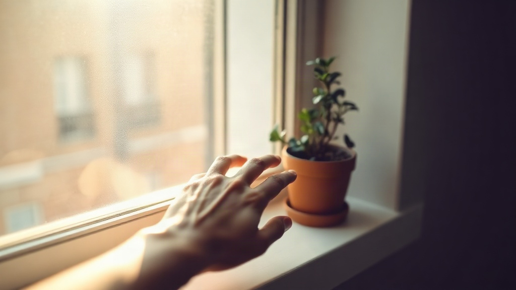 A hand on a sunlit windowsill by a small plant, a quiet moment for noticing the 11:11 angel number