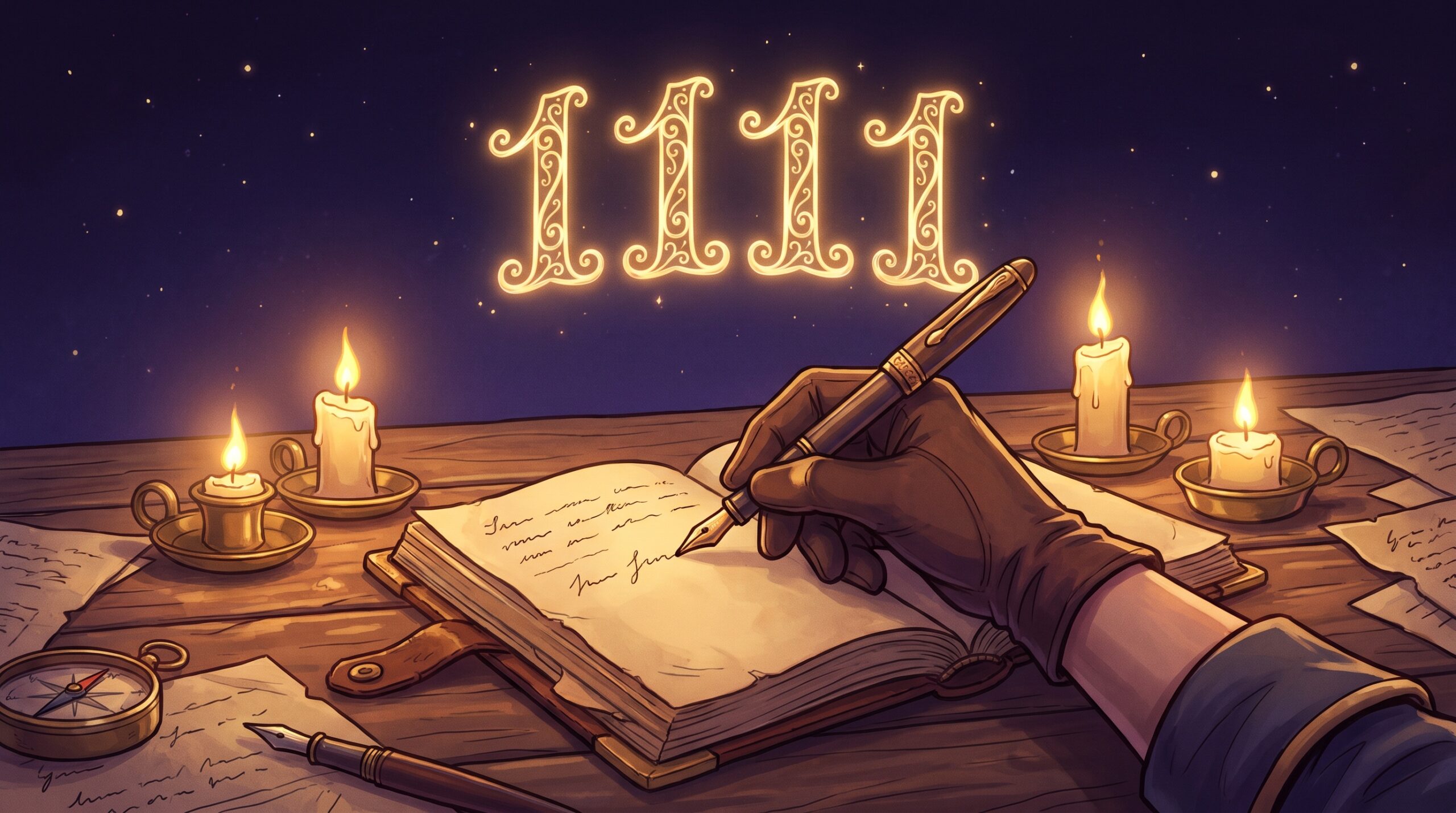 How to Manifest with 1111 The glowing golden numerals 1111 above a hand writing a four-step list, evoking how to manifest with the angel number 1111