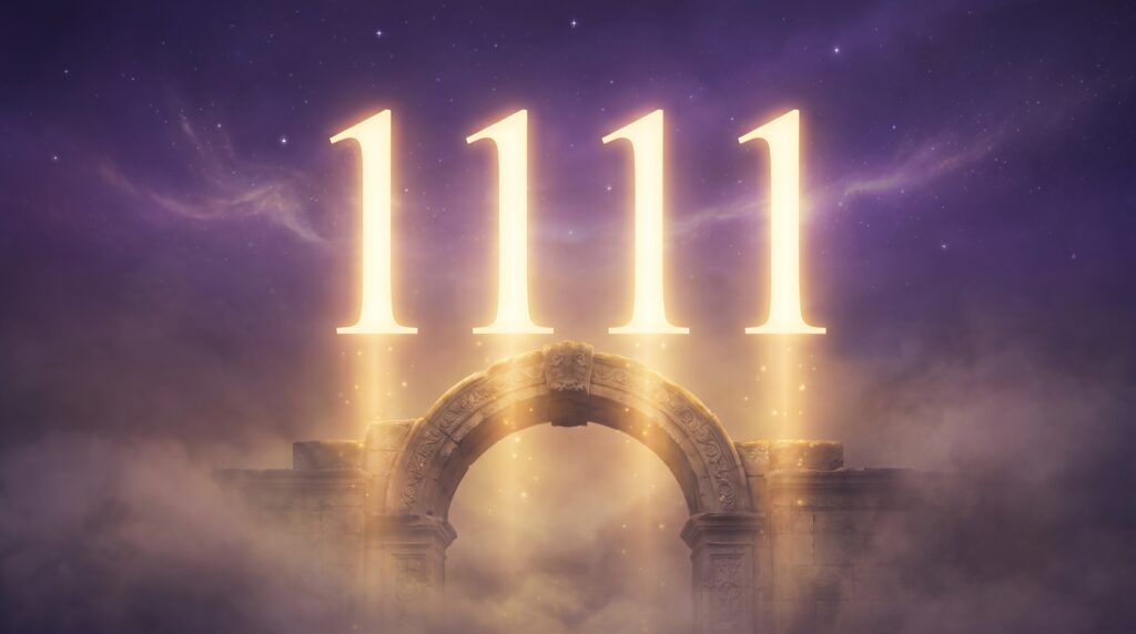 The glowing golden numerals 1111 rising as four pillars of light above a stone gateway, the angel number 1111 portal meaning rendered as a mystical design