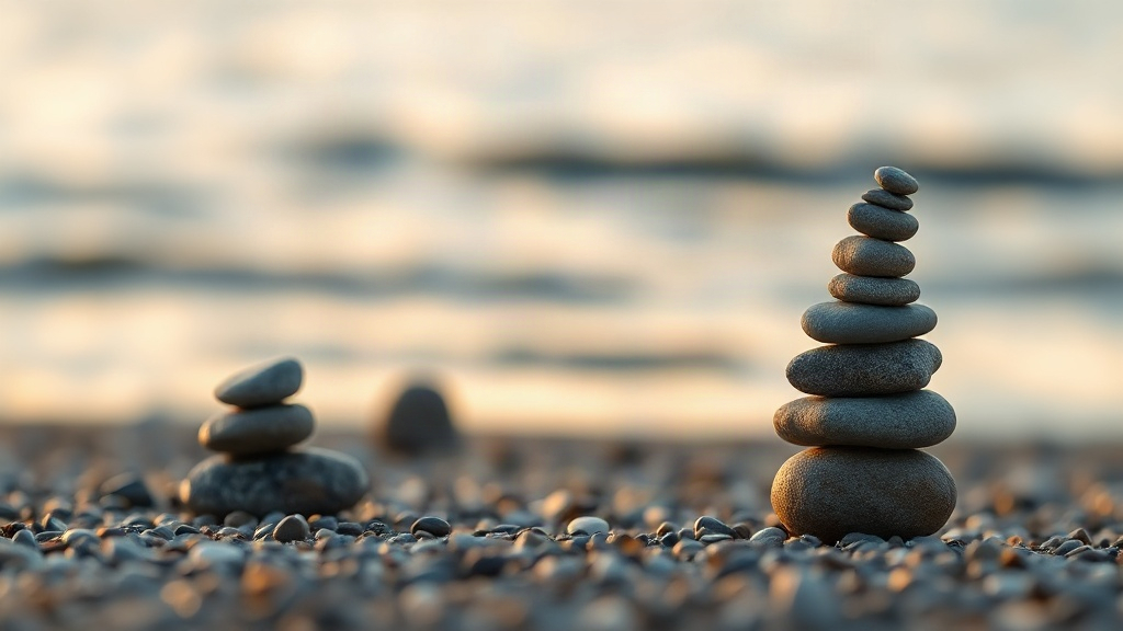 Balanced beach stones at golden hour, illustrating the laws of balance among the 12 universal laws