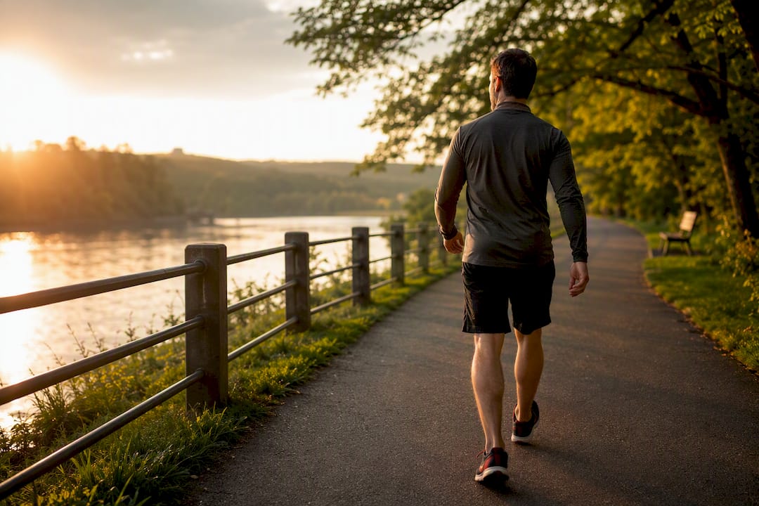 Person walking briskly along riverside path