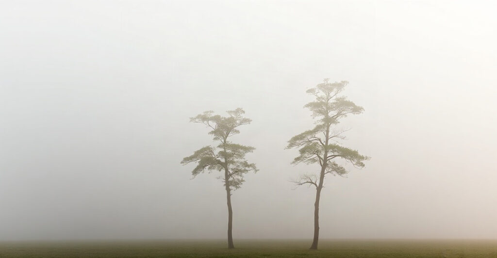 Two trees side by side in morning mist, a balanced image for the 222 angel number meaning