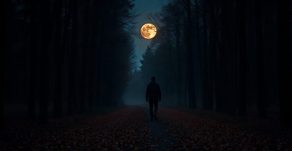 Person walking a misty autumn forest path under a rising moon, reflecting the Halloween birthday mood of 31 October astrology and the Scorpio zodiac sign