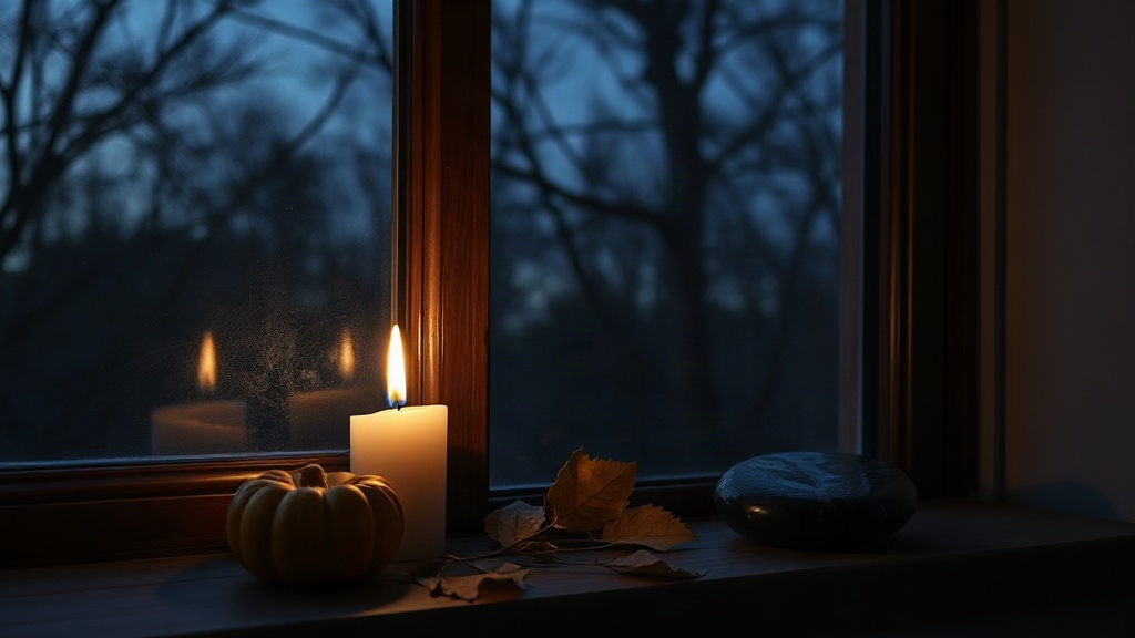 Candle, small pumpkin, and obsidian stone on a windowsill at dusk, symbolizing the Halloween and Scorpio themes of the October 31 zodiac sign