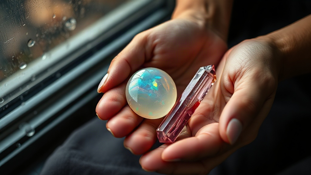 Hands holding an opal and a tourmaline crystal, the two October birthstones for people born on the October 31 Scorpio birthday