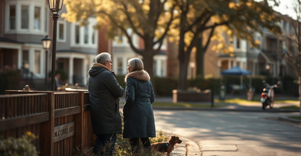Two neighbors chatting over a garden fence on a quiet morning street, symbolizing 3rd house astrology and the everyday world of communication and community