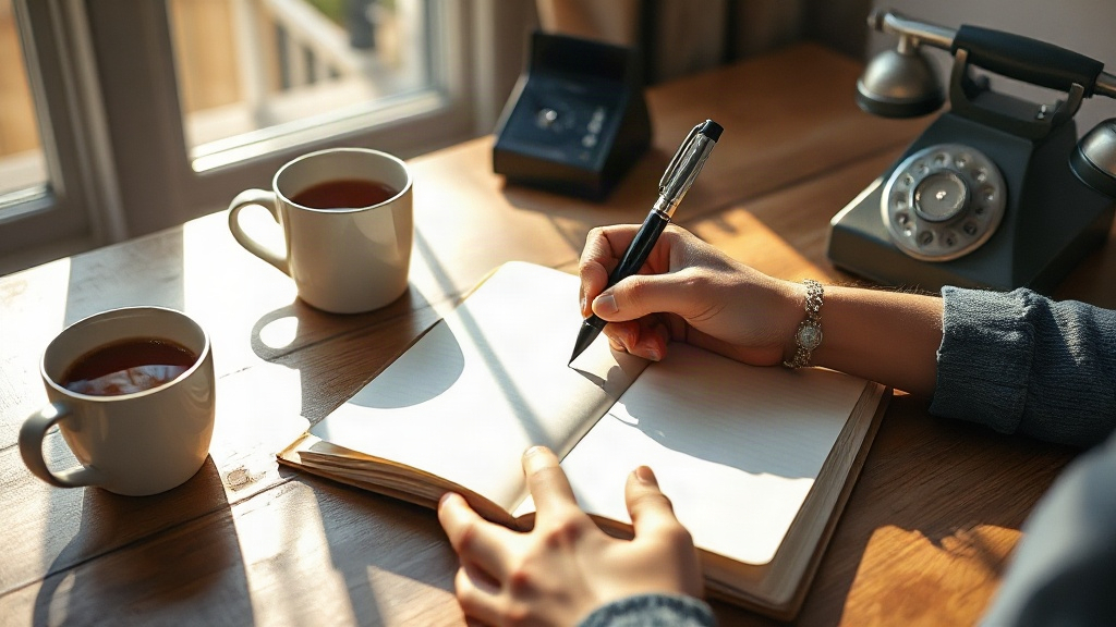 Hands writing in an open notebook beside a mug of tea and a vintage telephone, evoking the 3rd house cusp sign in astrology and how to find your birth chart houses