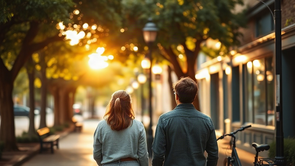 Two people walking a tree-lined neighborhood street at golden hour, showing how planets in the 3rd house shape everyday connection in astrology
