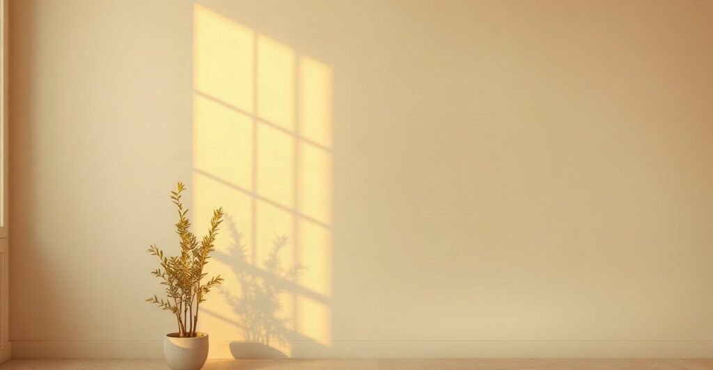 Golden light on a wall and a plant, a calm image for the meaning of the 848 angel number