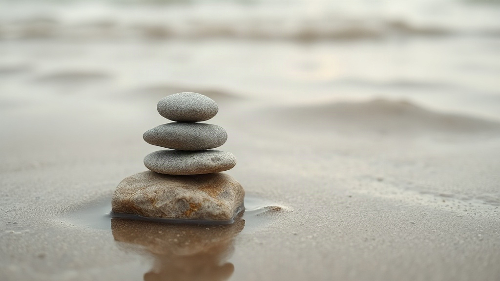 Balanced stacked stones by calm water, symbolizing the stability in the 848 angel number numerology