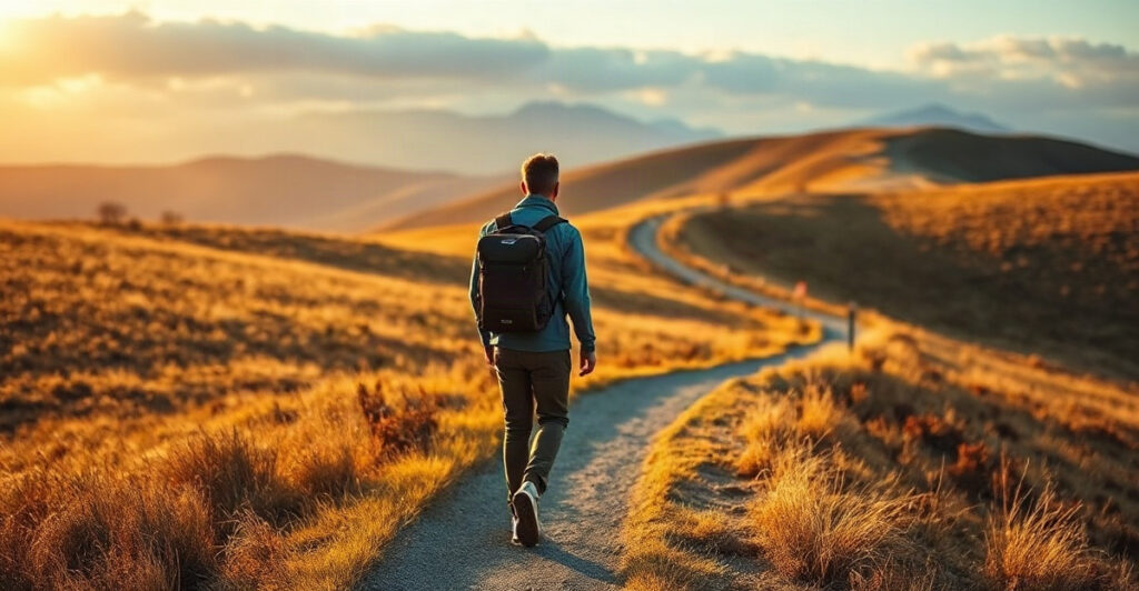Lone traveler walking a golden hilltop path toward distant mountains, symbolizing the long journeys ruled by the 9th house in astrology
